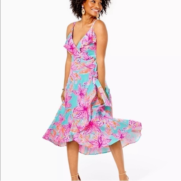 NWT Lilly Pulitzer Fontaine wrap dress Surf Blue Bonita Blooms floral pr… - Picture 1 of 13